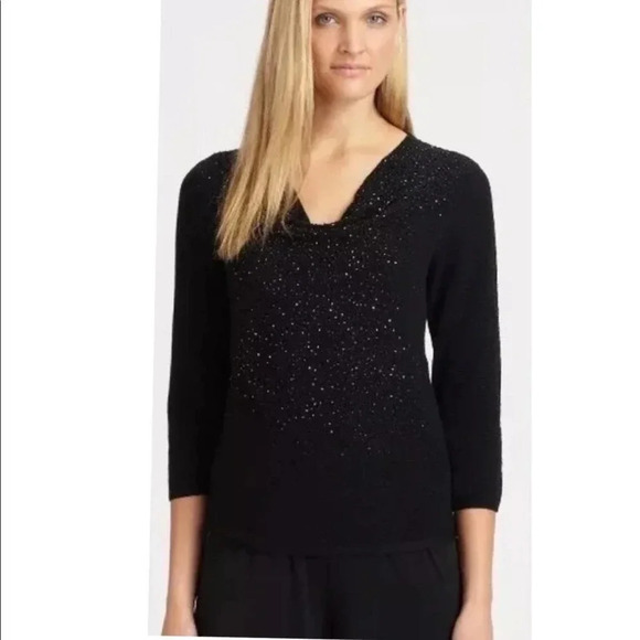 Eileen Fisher Wool Beaded Drape Cowl Neck Sweater Top Black Size XS - Picture 11 of 12